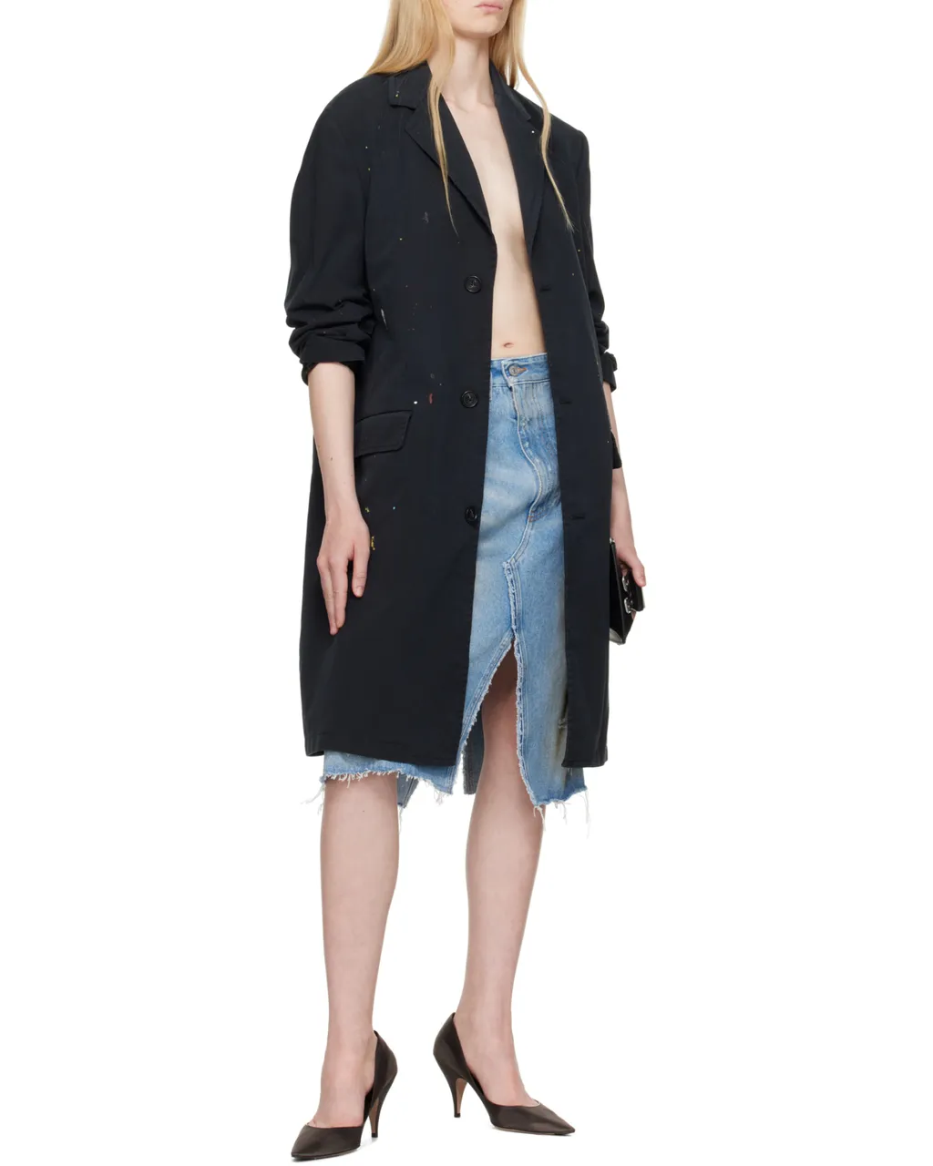 Ripped Front Slit Midi Denim Skirt