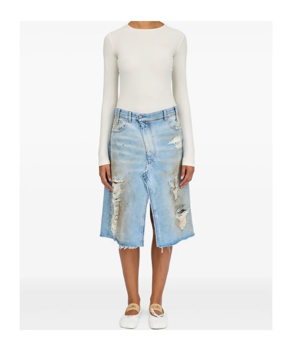 Ripped Front Slit Midi Denim Skirt