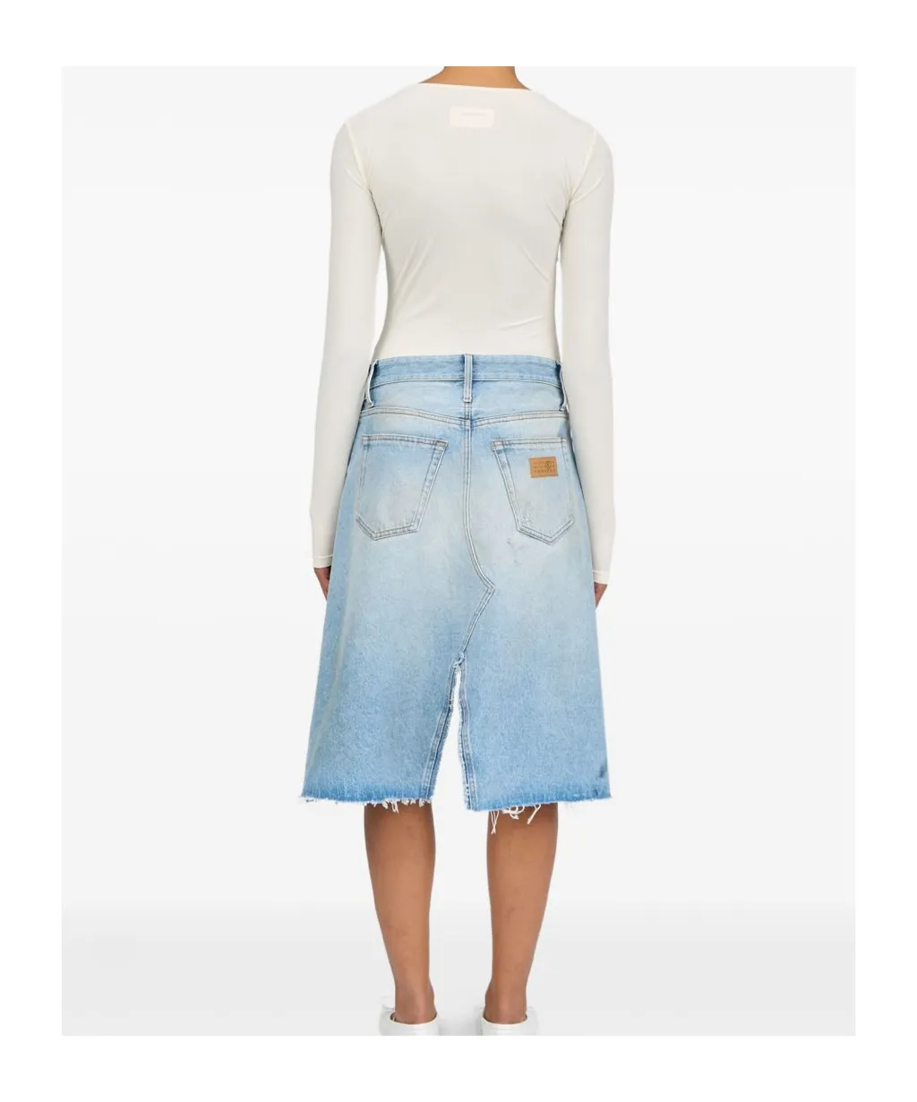 Ripped Front Slit Midi Denim Skirt