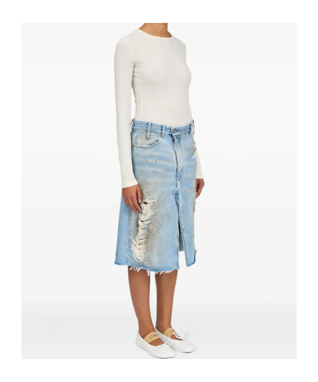 Ripped Front Slit Midi Denim Skirt
