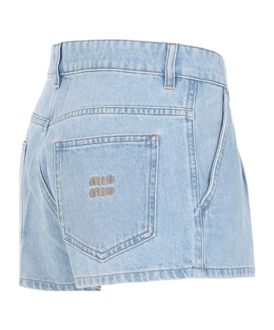Logo Lettering Pleated Denim Shorts