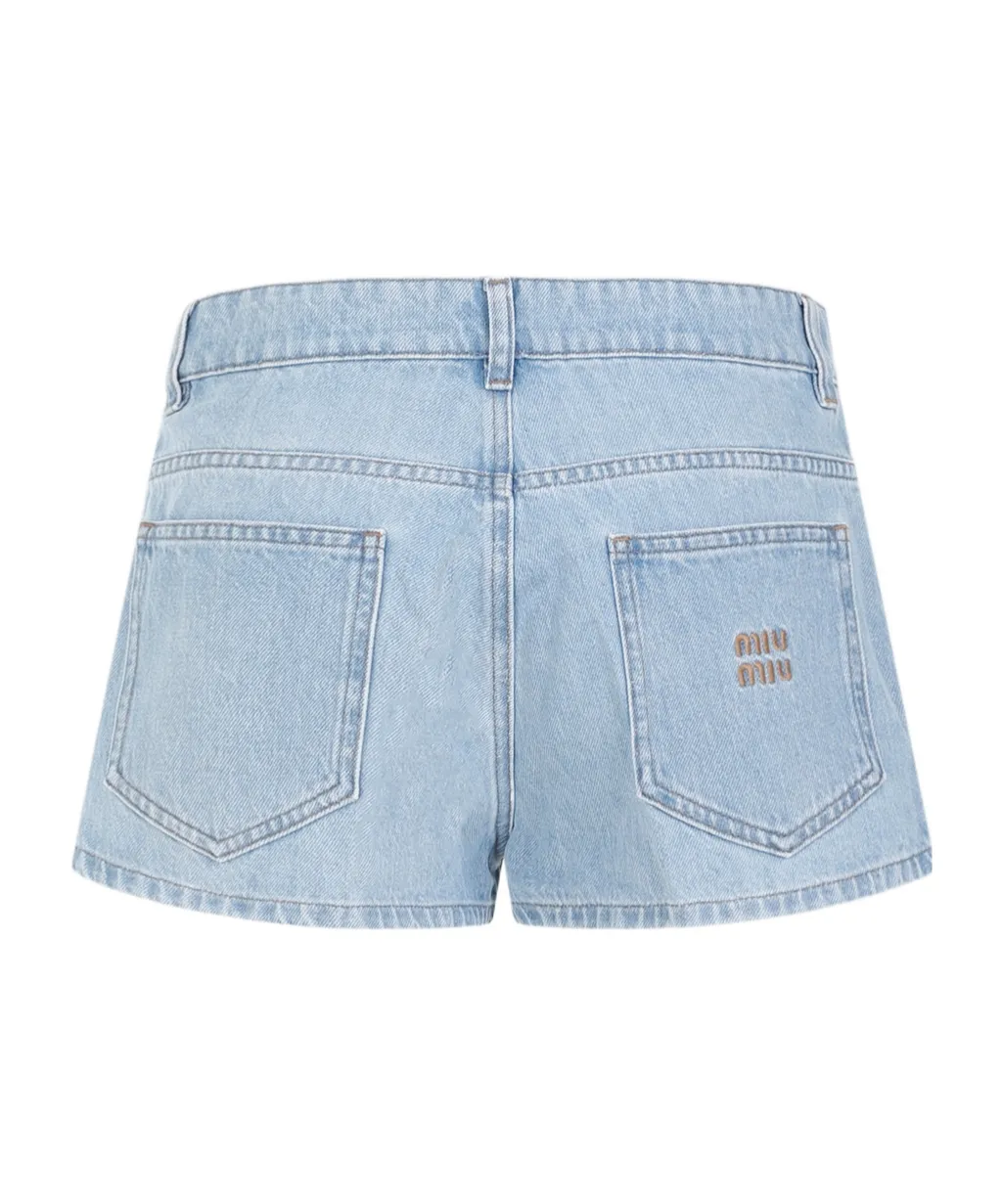 Logo Lettering Pleated Denim Shorts