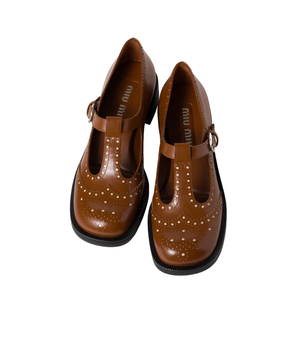Round-Toe T-Strap Brogue Shoes