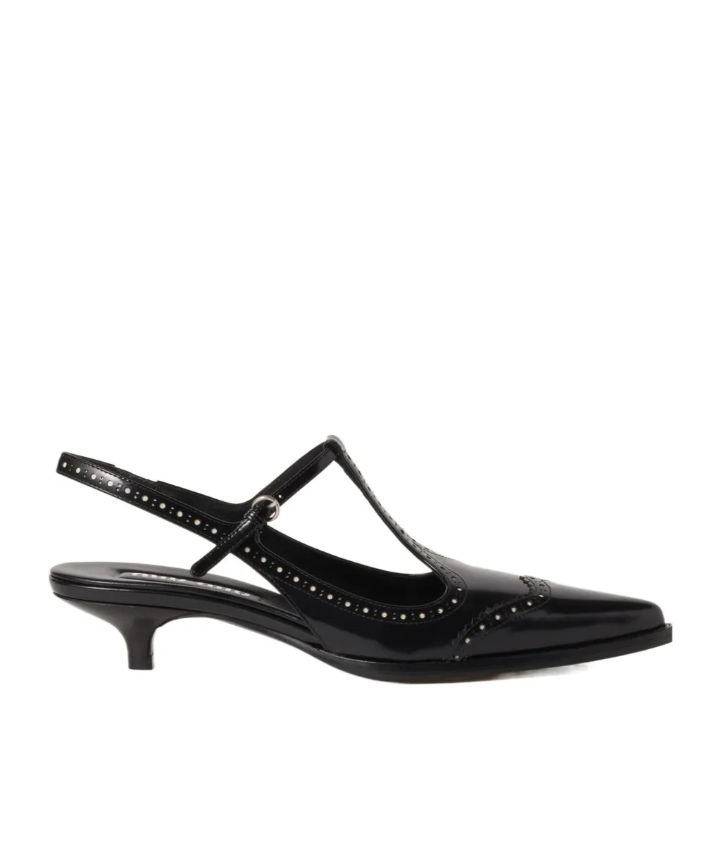 Brushed Leather Brogue Slingback T-Strap Pumps