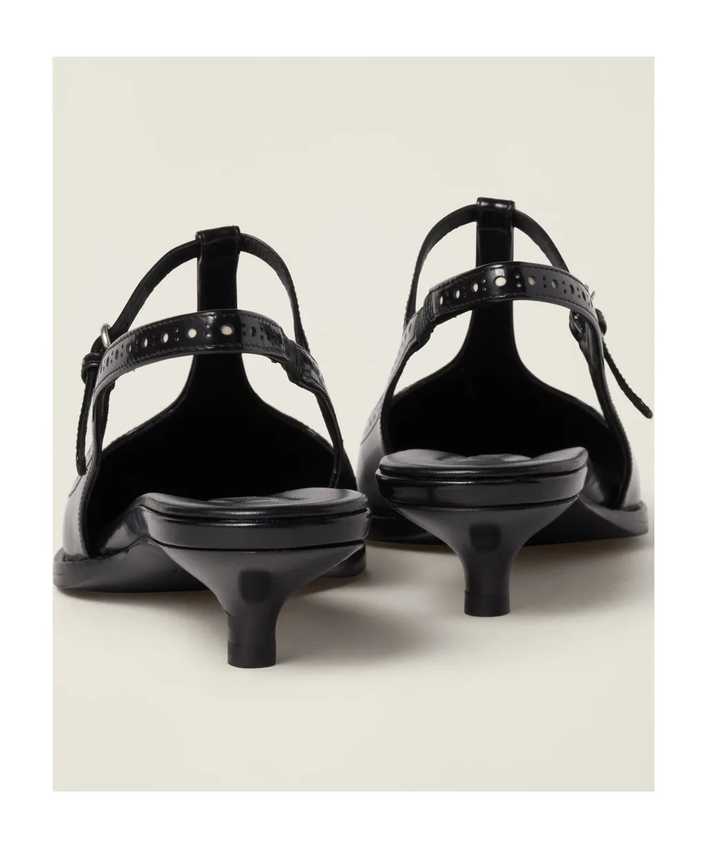 Brushed Leather Brogue Slingback T-Strap Pumps