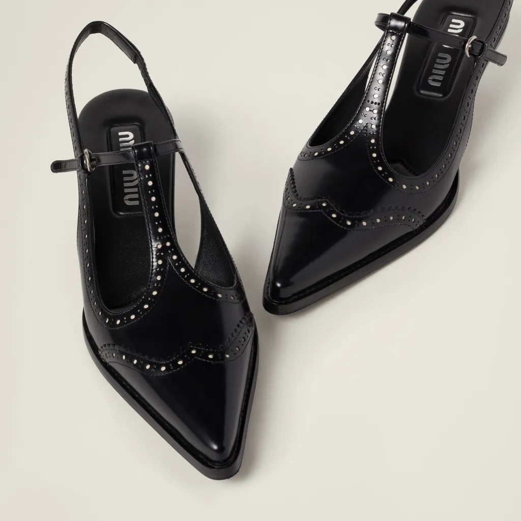 Brushed Leather Brogue Slingback T-Strap Pumps