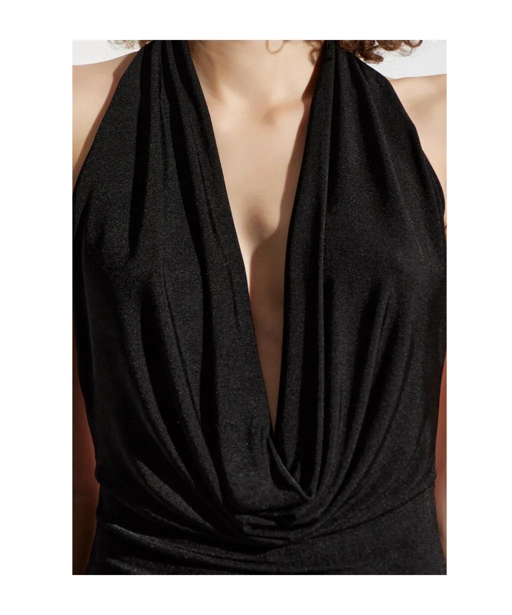 Backless Cowl Neck Midi Dress