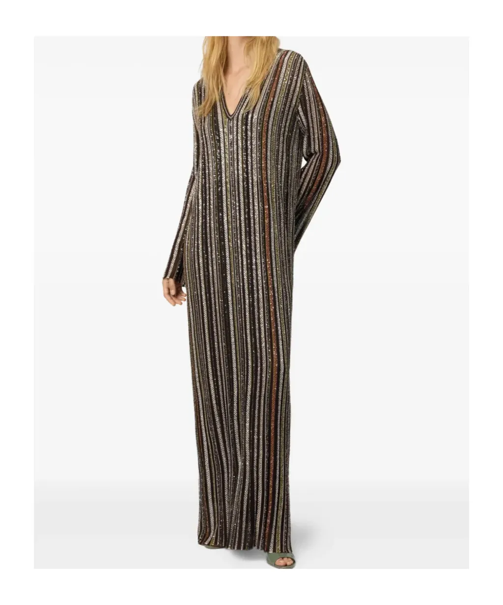 V-Neck Herringbone Stripe Knit Long Dress