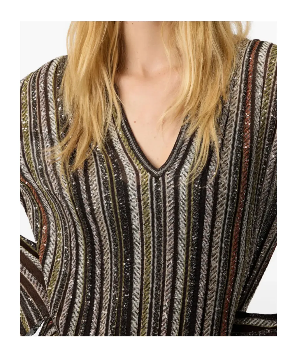 V-Neck Herringbone Stripe Knit Long Dress