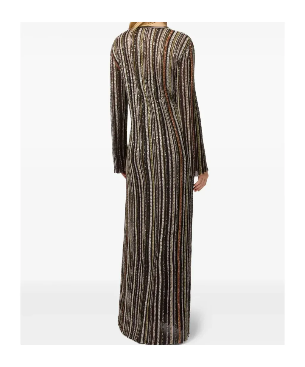 V-Neck Herringbone Stripe Knit Long Dress