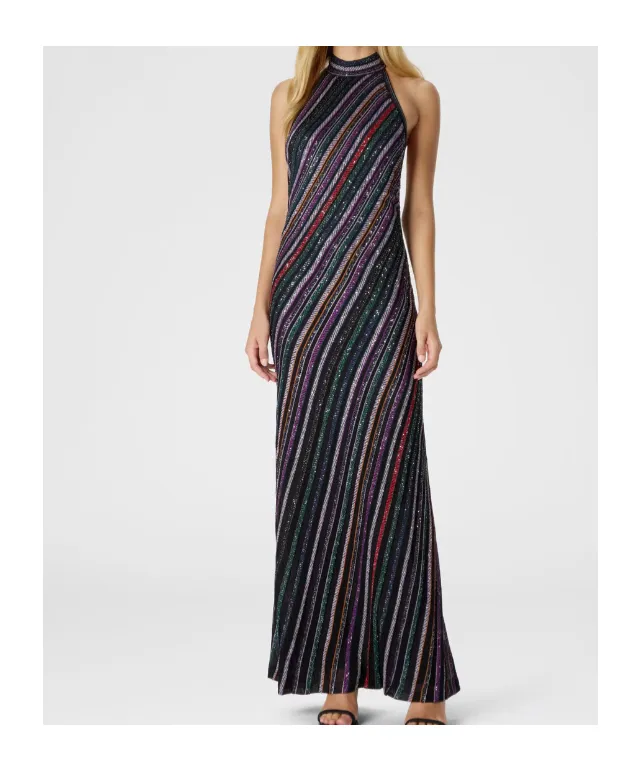 Halter Neck Herringbone Striped Knitted Long Dress