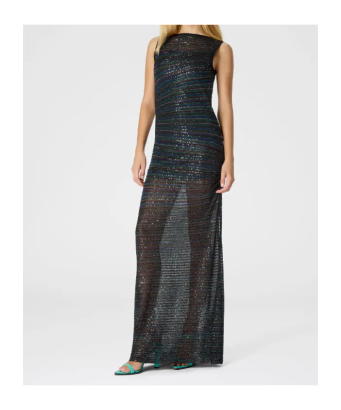 Boat Neck Embellished Sleeveless Long Dress