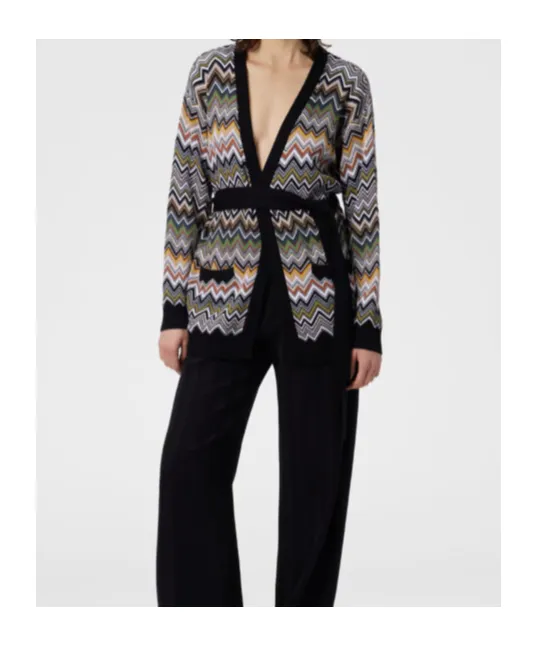 Chevron-Pattern Belted Cardigan