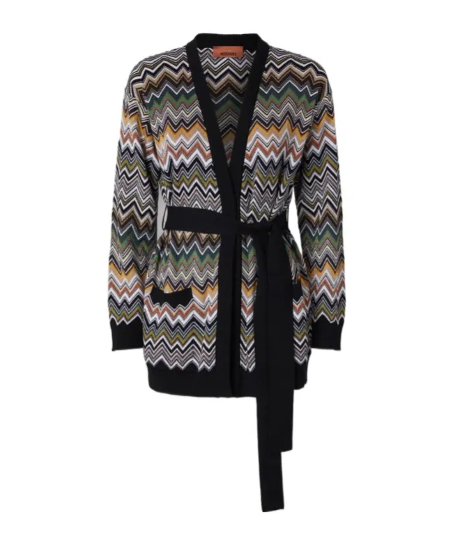 Chevron-Pattern Belted Cardigan