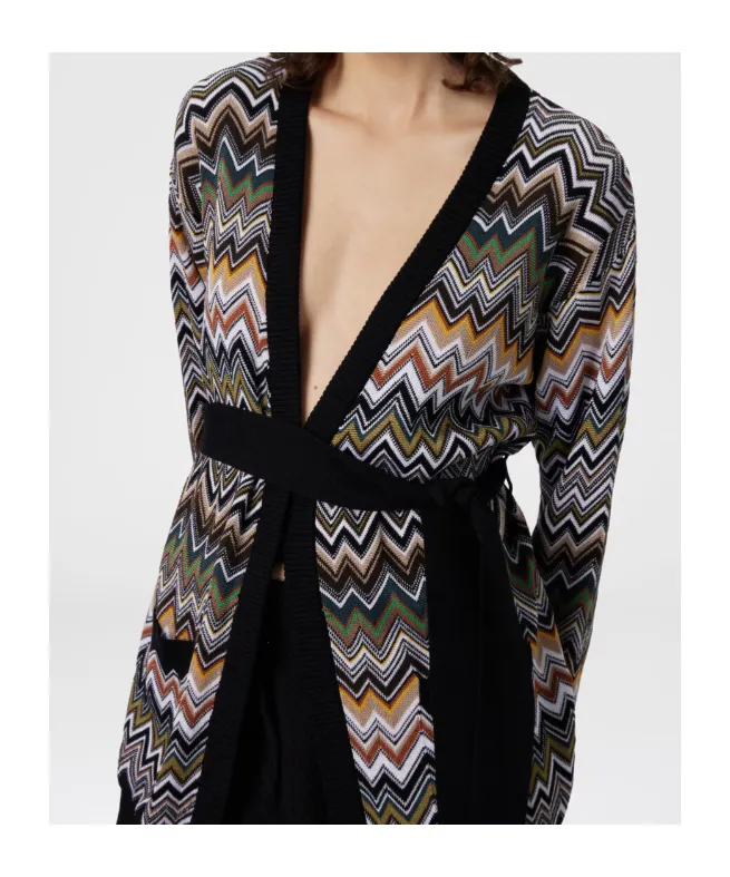 Chevron-Pattern Belted Cardigan
