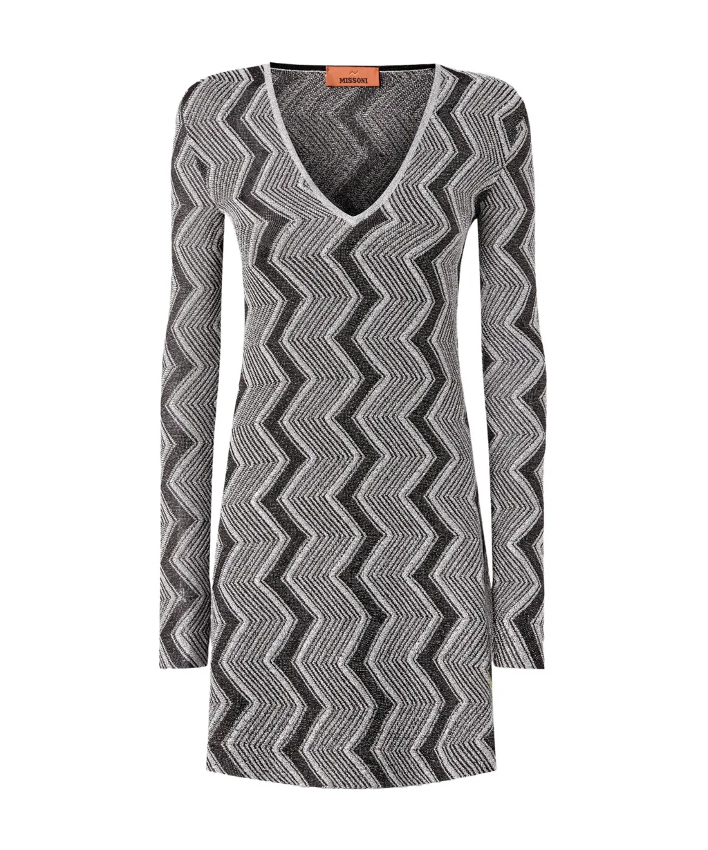 Zig Zag Patterned V-Neck Dress