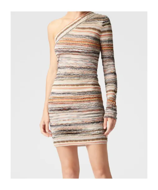 Lamé Embossed Wave Motif One-Shoulder Mini-Dress