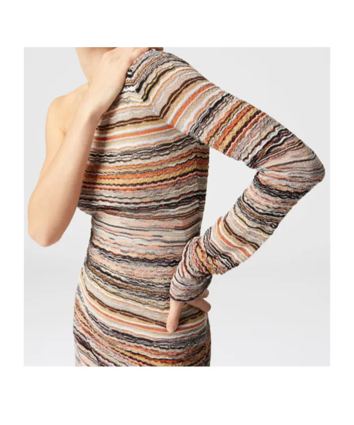 Lamé Embossed Wave Motif One-Shoulder Mini-Dress
