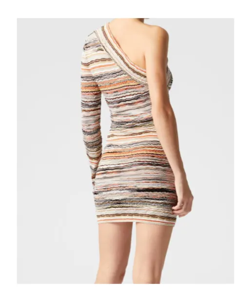Lamé Embossed Wave Motif One-Shoulder Mini-Dress