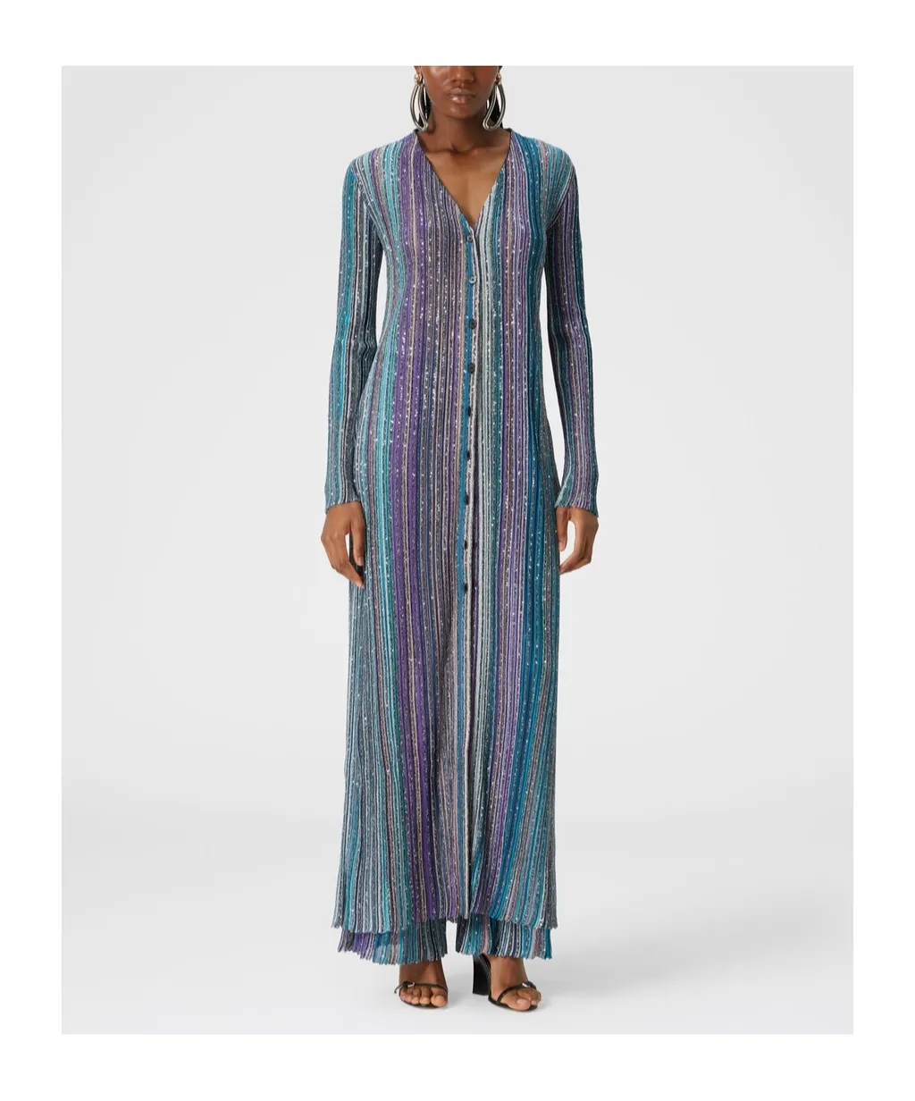 Sequinned Pleated Knit Long Cardigan