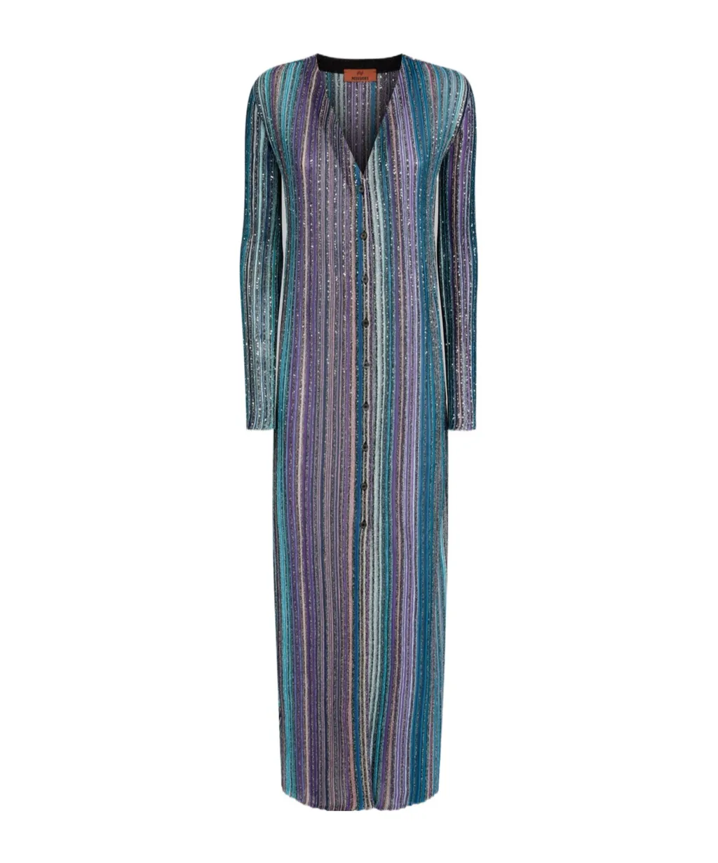 Sequinned Pleated Knit Long Cardigan