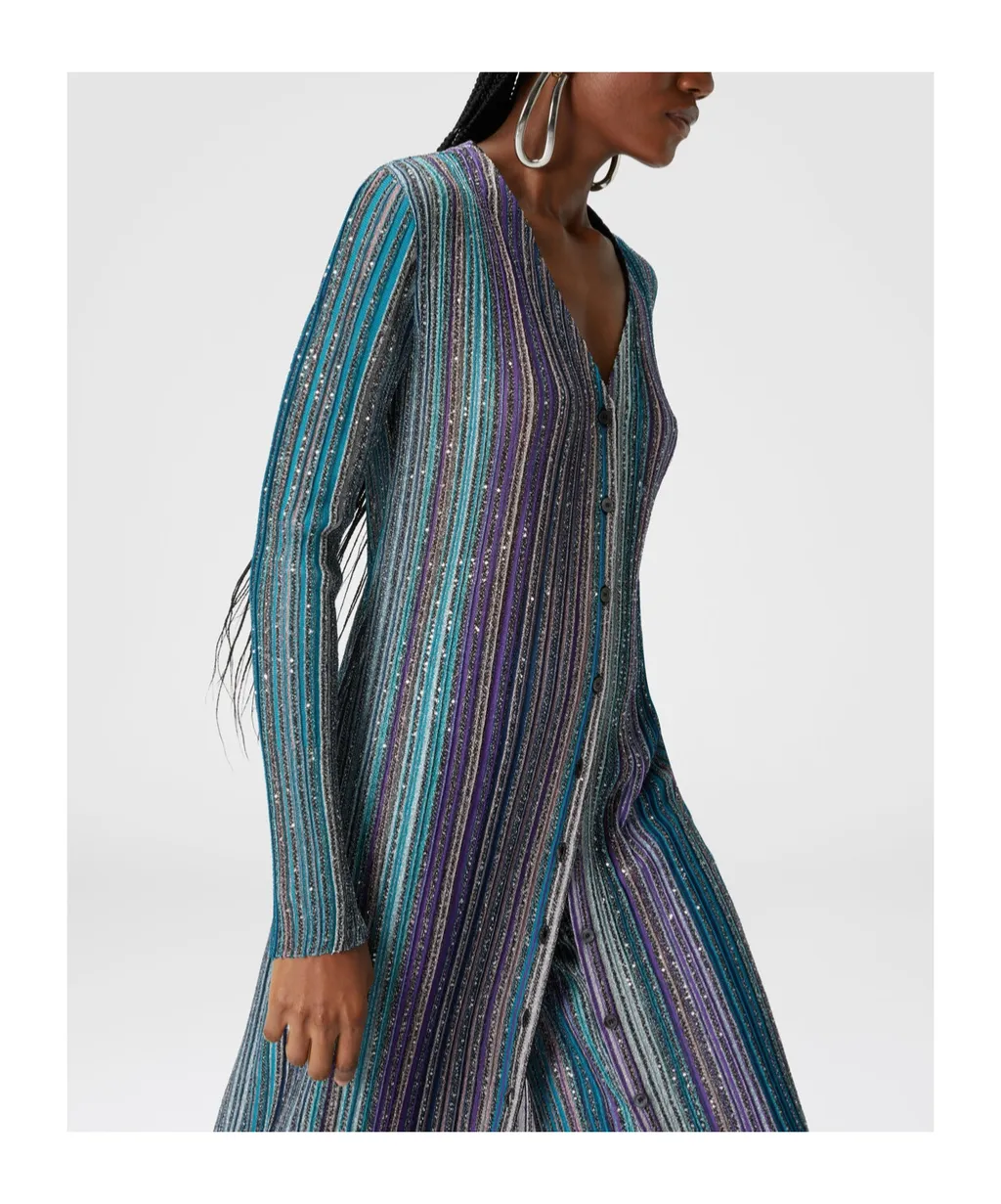 Sequinned Pleated Knit Long Cardigan