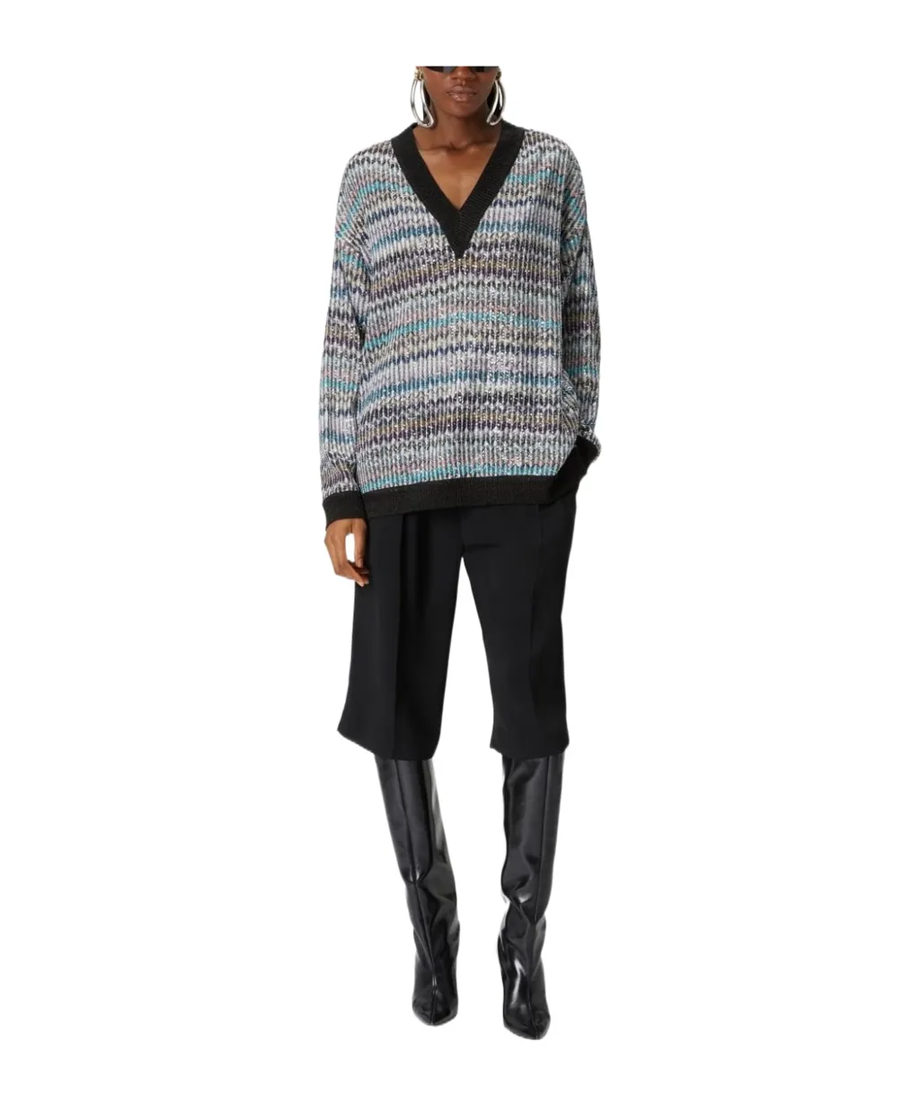 Sequin Embellished Oversized V-Neck Jumper