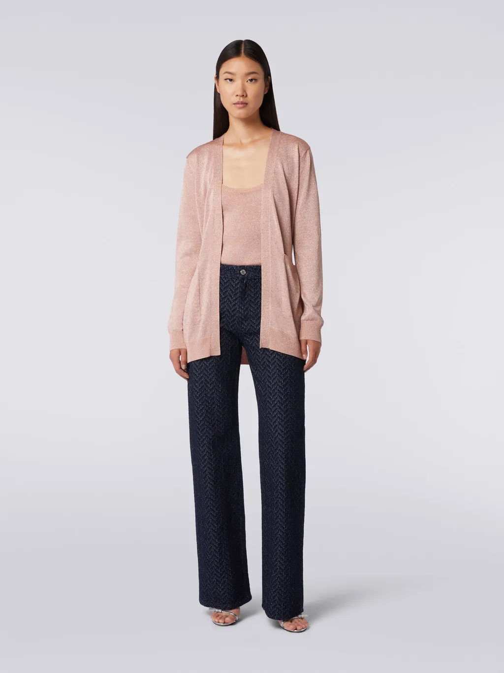 Metallic-Threading V-Neck Belted Cardigan