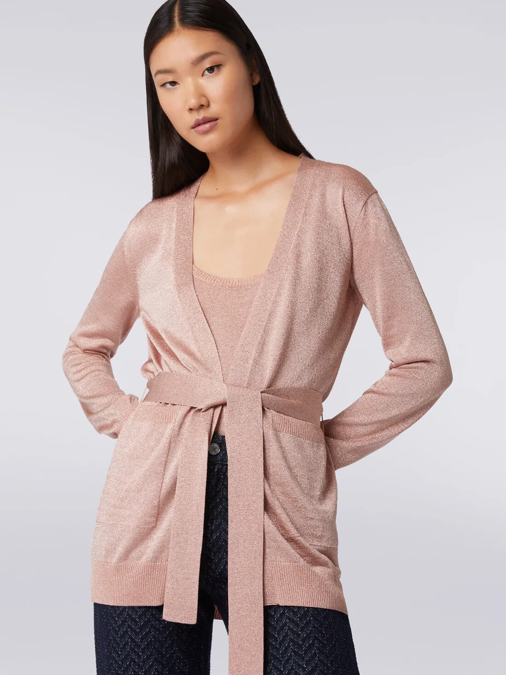 Metallic-Threading V-Neck Belted Cardigan