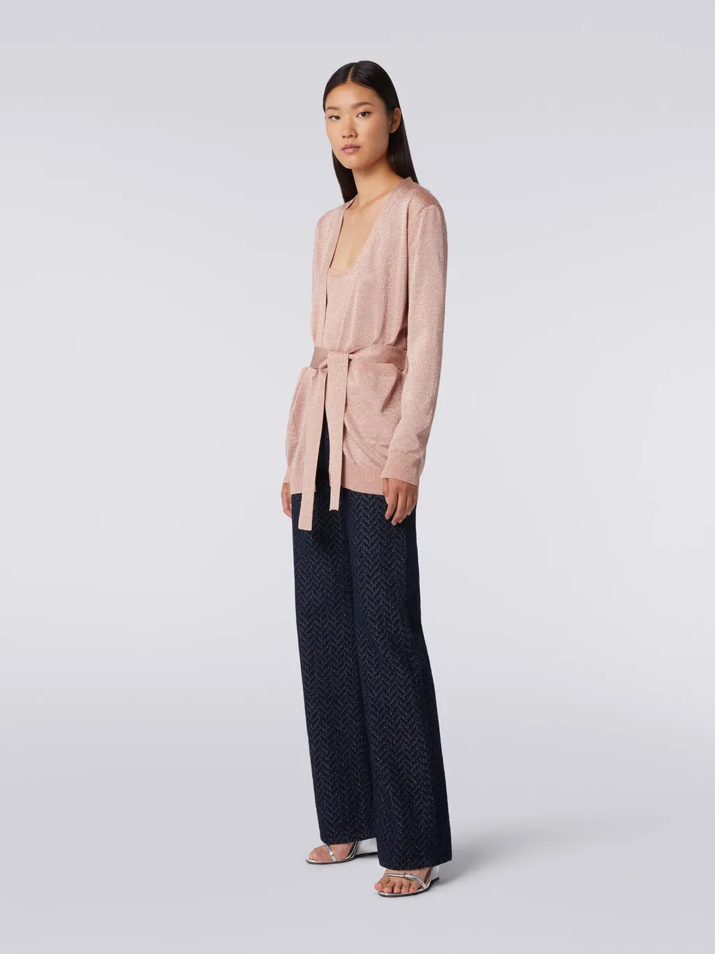 Metallic-Threading V-Neck Belted Cardigan