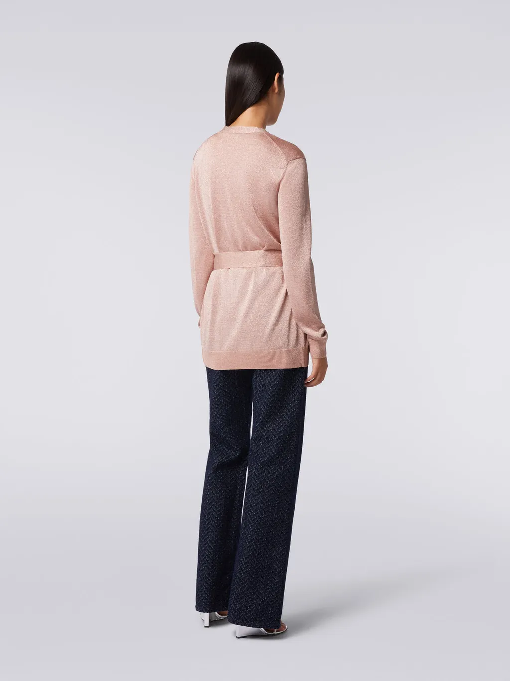 Metallic-Threading V-Neck Belted Cardigan
