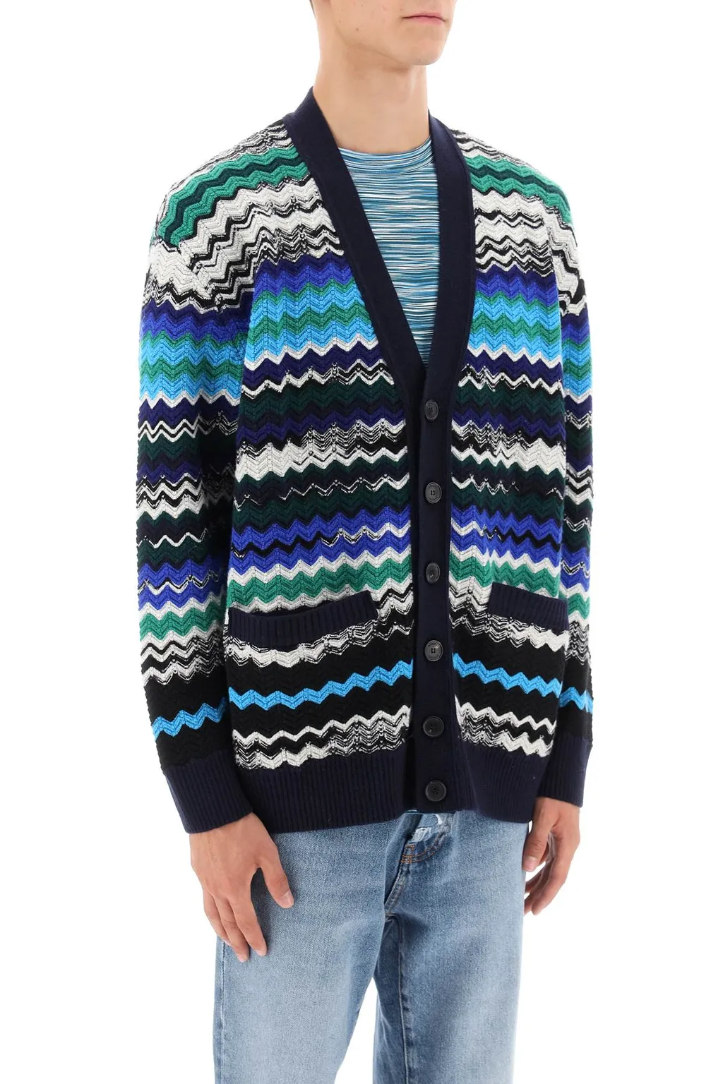 Zig-Zag Knitted Button-Up Cardigan