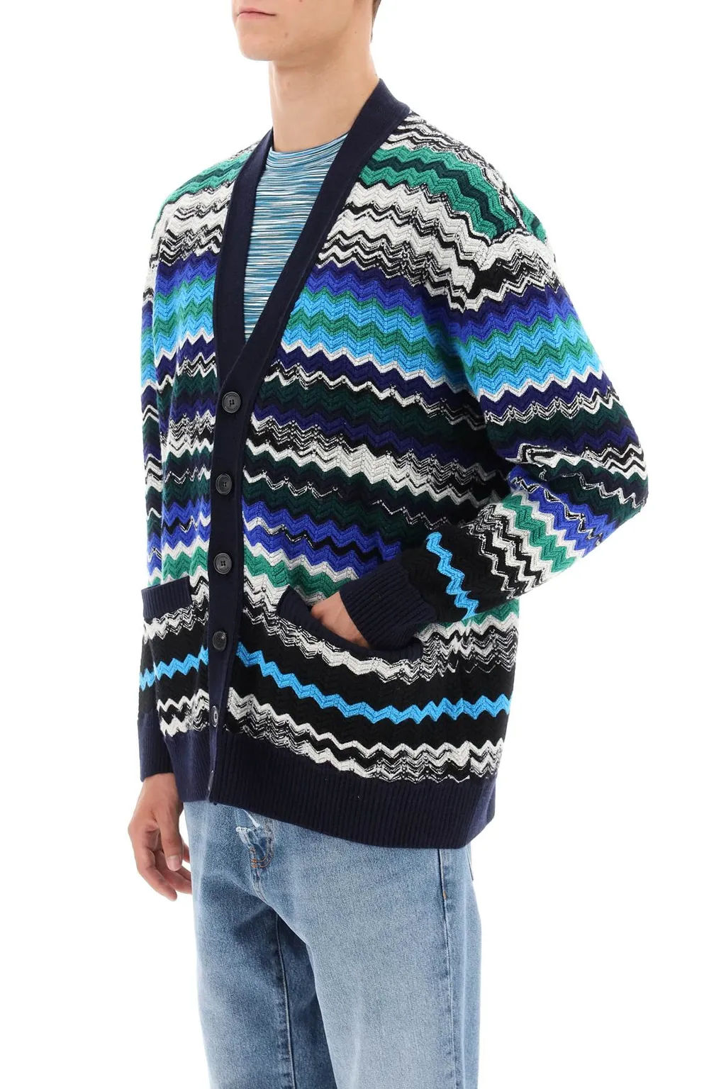 Zig-Zag Knitted Button-Up Cardigan