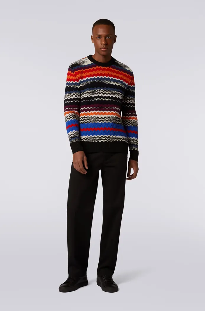 Zigzag-Woven Crewneck Knitted Jumper