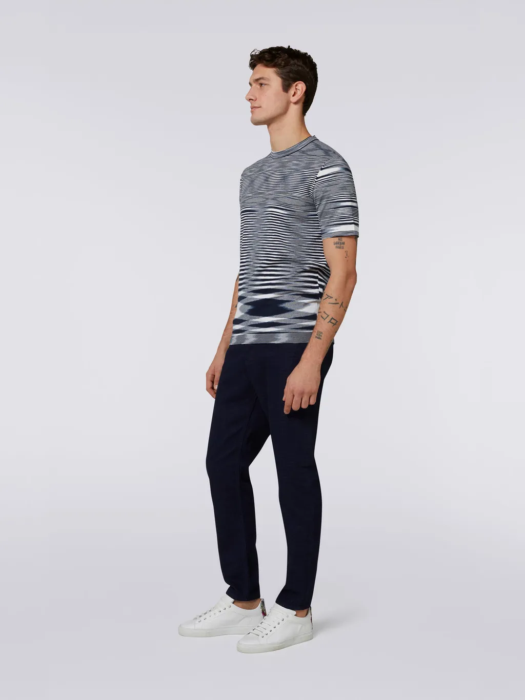 Stripe-Printed Short-Sleeved Crewneck T-Shirt