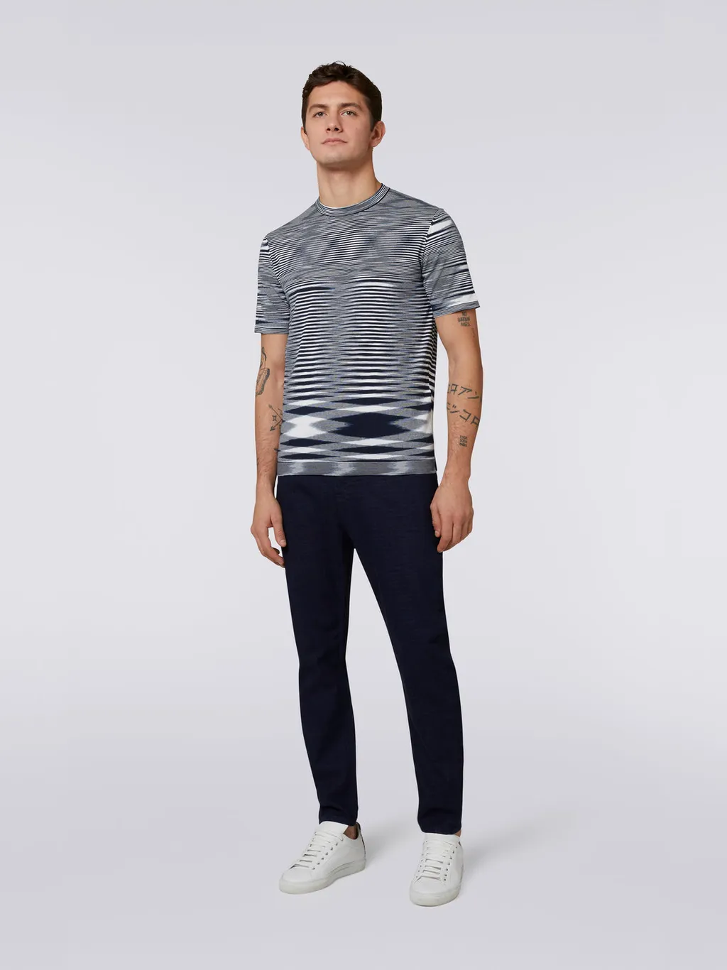 Stripe-Printed Short-Sleeved Crewneck T-Shirt