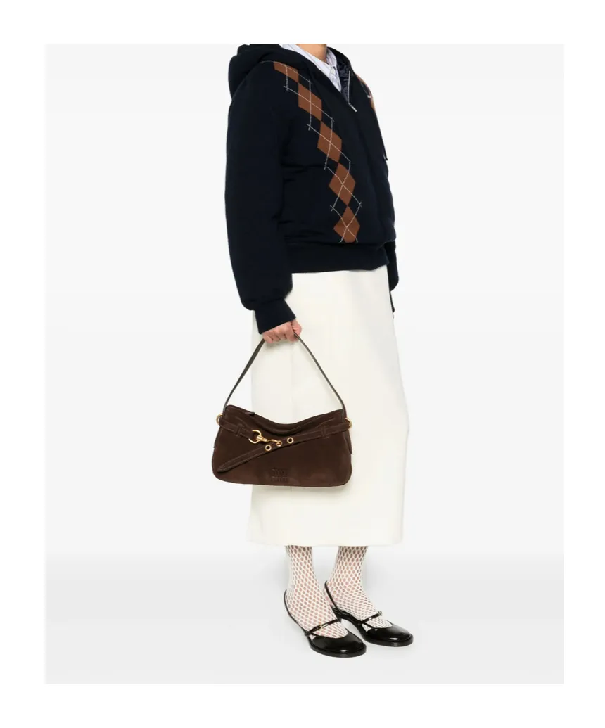 Hook-Fastening Suede Shoulder Bag