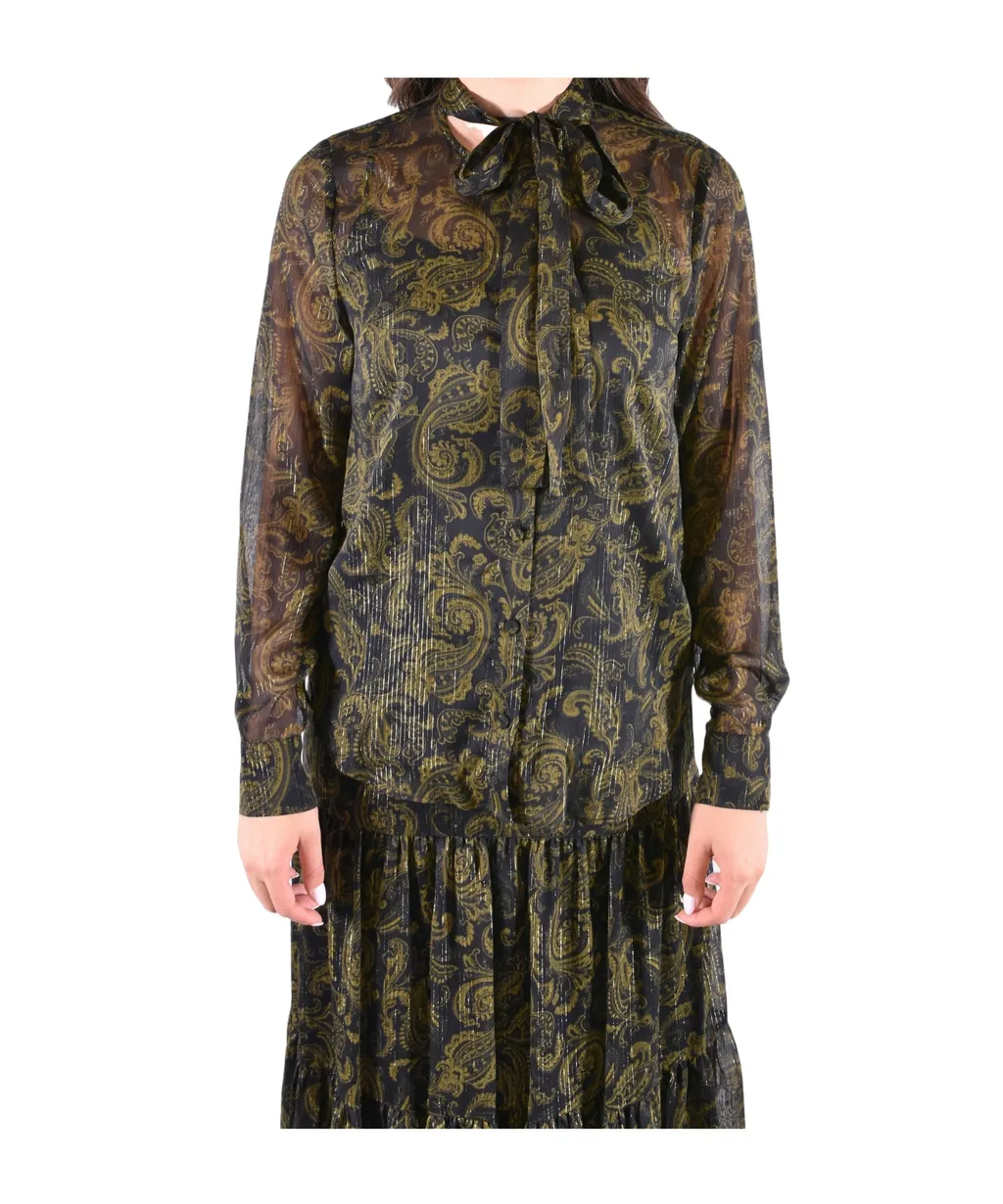 Metallic Paisley Print Tie-Front Georgette Blouse