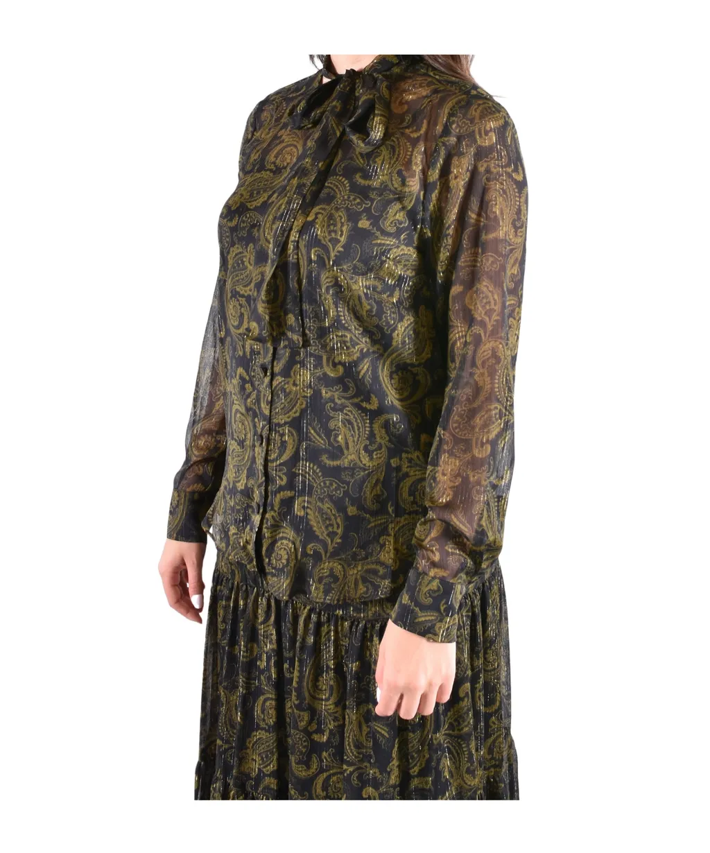 Metallic Paisley Print Tie-Front Georgette Blouse