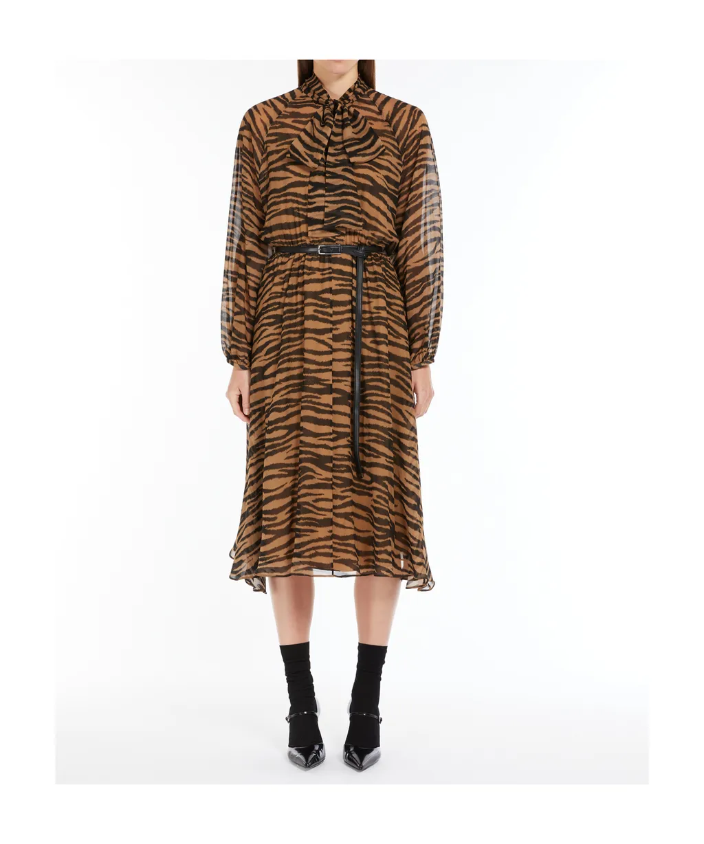 All-Over Printed Belted Long-Sleeved Dress