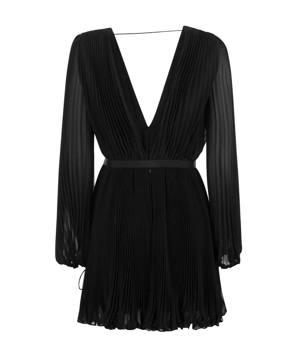 V-Neck Pleated Mini Dress