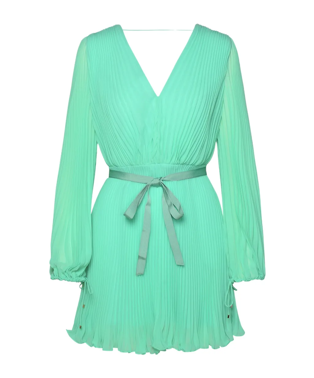 V-Neck Pleated Mini Dress