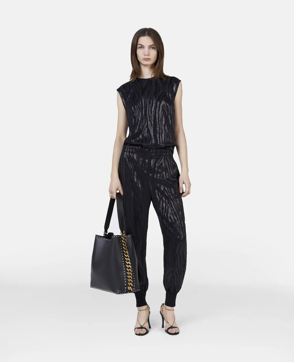 Wood-Grain Effect Metallic Tapered Trousers