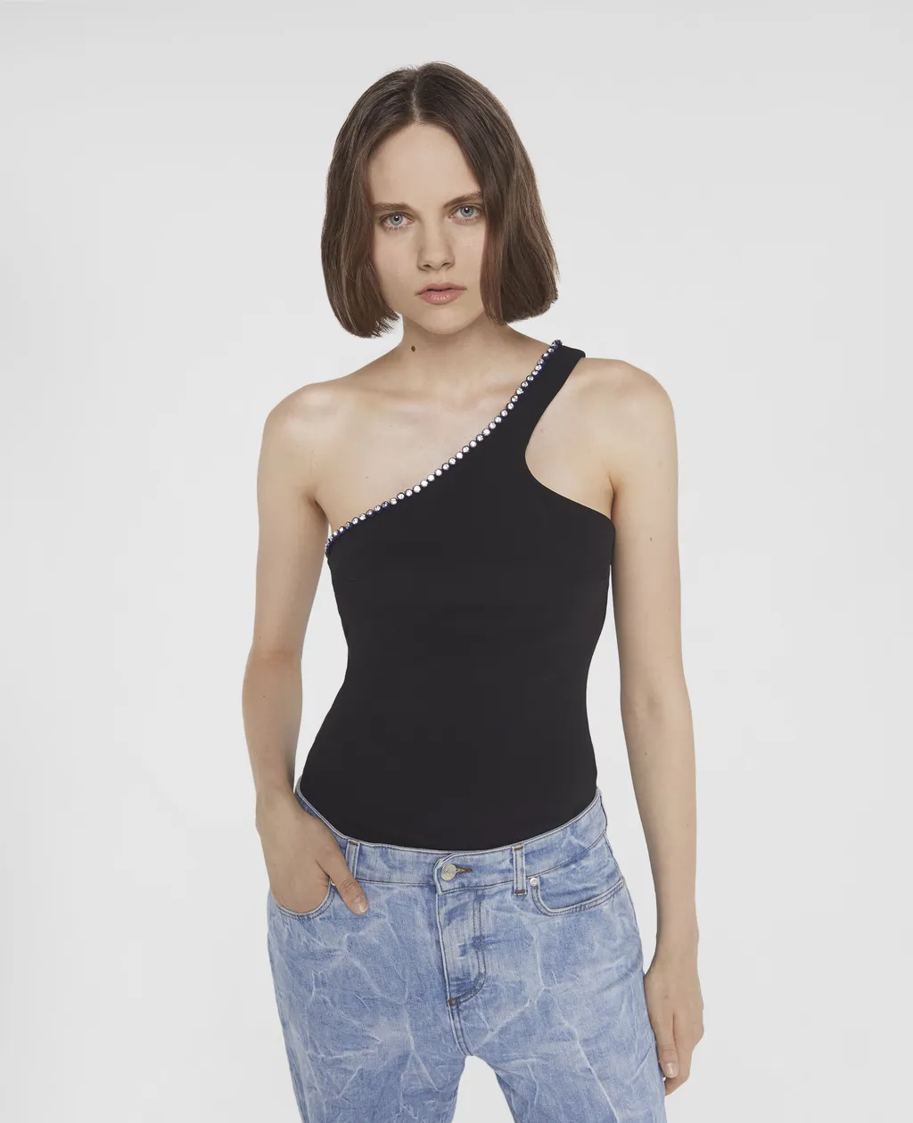 Crystal-Trim One-Shoulder Top