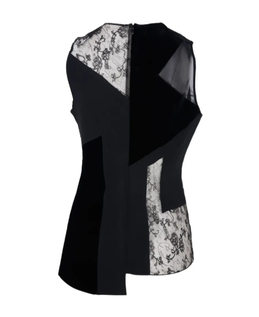 Lace Stitched Velvet Sleeveless Blouse