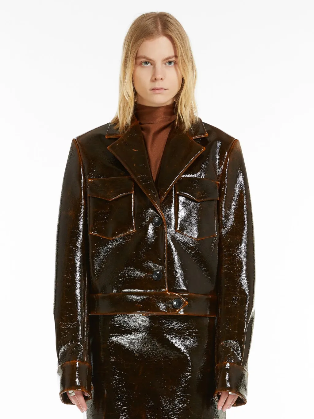 Short Patent Leather Wool Jacket