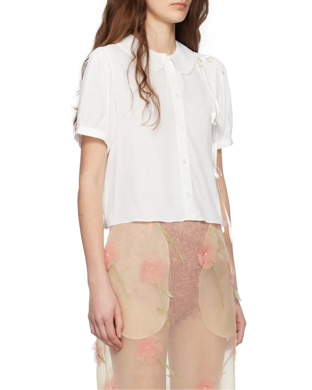 Cropped Bow Slit Puff Sleeve Shirt