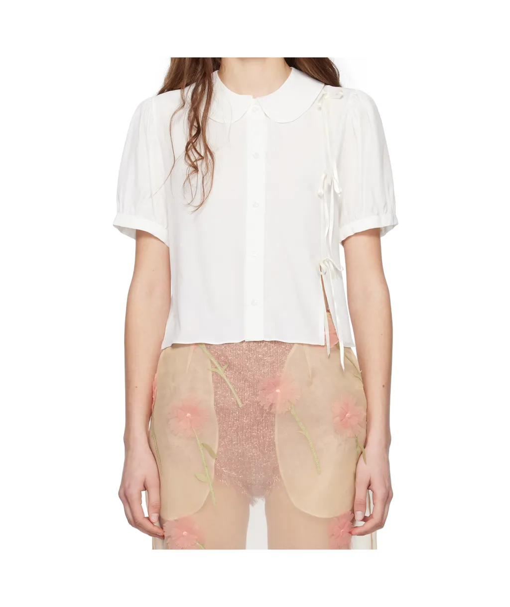 Cropped Bow Slit Puff Sleeve Shirt