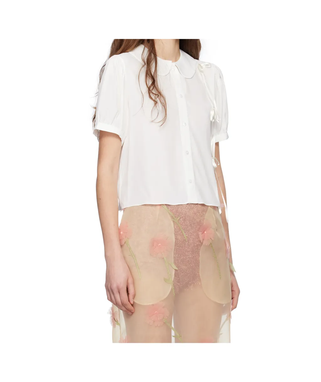 Cropped Bow Slit Puff Sleeve Shirt