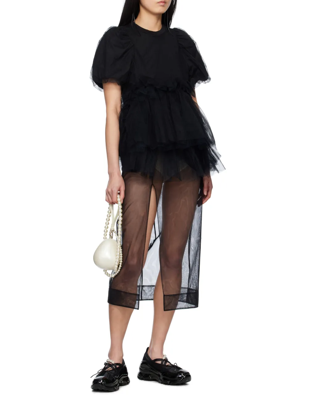 Tulle Overlay Puff Sleeve T-Shirt